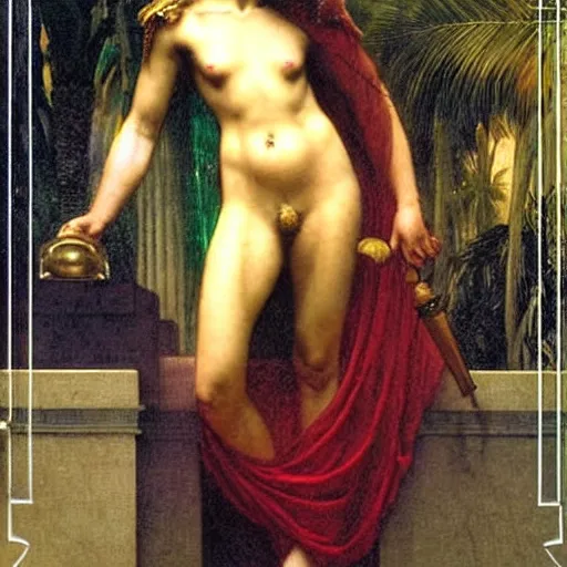 Image similar to Justice with a blood dripping chalice at the palace, thunderstorm, greek pool, beach and palm trees on the background major arcana sky, by paul delaroche, alphonse mucha and arnold böcklin arnold böcklin hyperrealistic 8k, very detailed