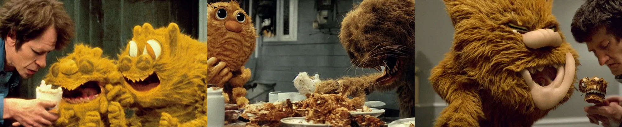 Prompt: still of Garfield monster feeding off of Jon soul, Garfield Garfield Garfield, horror movie directed by David Cronenberg and Jörg Buttgereit (1973), dramatic photography, look what you have done, existence is pain, gruesome death