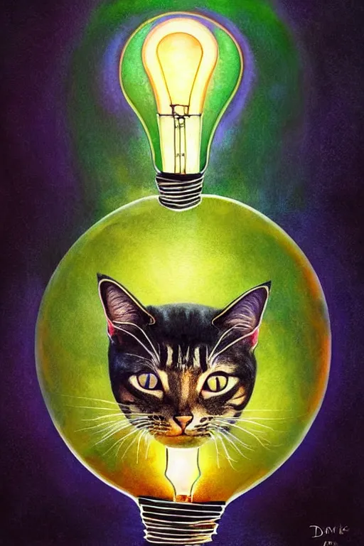 Image similar to portrait of a cat inside a light bulb, modern fine art, dreamscape, intricate, elegant, subsurface scattering, highly detailed, pop art painting, organic acrylic flow art, psychedelic surreal art, acrylic art, watercolor, featured on deviantart, cgsociety