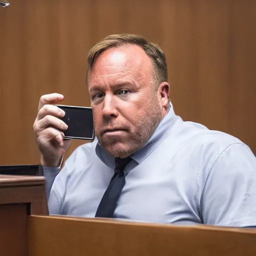 Prompt: Alex Jones desperately reaching for his out of reach phone in the courtroom, EOS 5DS R, ISO100, f/8, 1/125, 84mm, RAW Dual Pixel, Dolby Vision, Adobe