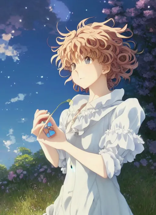 Image similar to Painting of a cottagecore witch with poofy curly strawberry hair in the style of Violet Evergarden, beautiful anime art style, winged eyelashes, countryside, calm, fantasy character portrait, dark outlines, dynamic pose, above view, sunny day, artwork by Makoto Shinkai, very coherent asymmetrical artwork, sharp edges, perfect face, simple form, 100mm