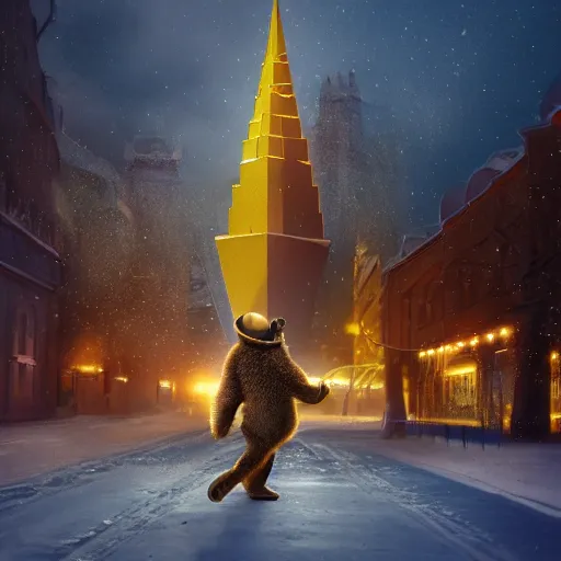 Image similar to smiling brown bear playing yellow triangular Gibson Flying-V electroguitar in hat in winter at streets of Moscow, sharp focus, fantasy style, octane render, volumetric lighting, 8k high definition, by greg rutkowski, highly detailed, trending on art Station