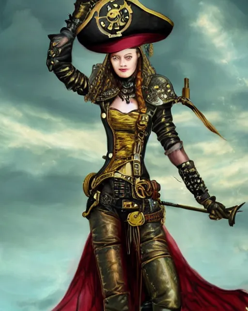 Image similar to a beautiful young female steampunk pirate wearing leather armor on gold and red trimmings on green, very cool pose, pirate ship with an epic sky background, slightly smiling, by Charlie Bowater Annie Leibovitz, zhuoxin ye, cinematic lighting and composition, fantasy painting, very detailed, ornate, 8k trending on artstation and pinterest, deviantart, google images