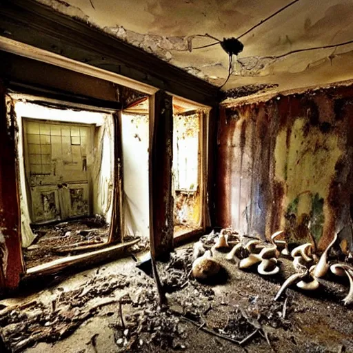 Image similar to a room in a creepy, dilapidated house filled with mushrooms and the decaying bodies of ancient warriors