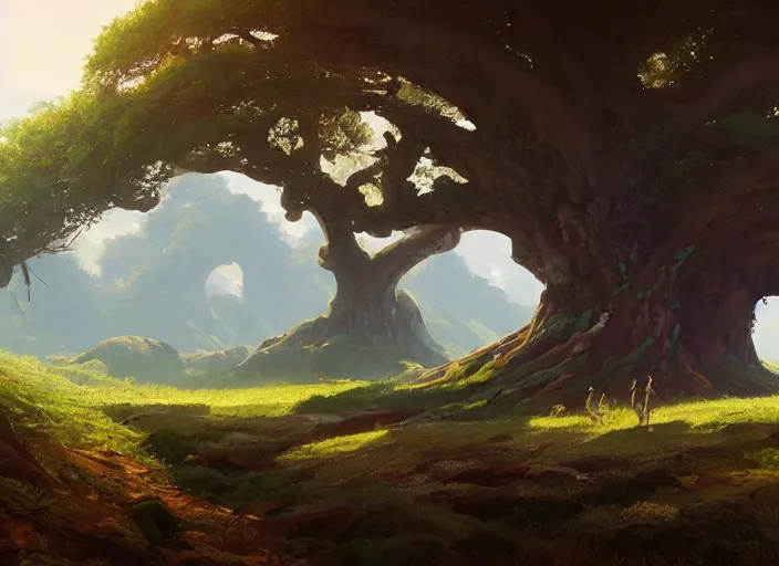 Prompt: concept art painting of a giant oak tree on a hill in a valley surrounded by forest, surrounded by mountains, realistic, by makoto shinkai and moebius and anton fadeev and greg rutkowski and james gurney