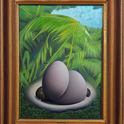 Image similar to oil on canvas of, rhinoceros hatching an egg in hawaii