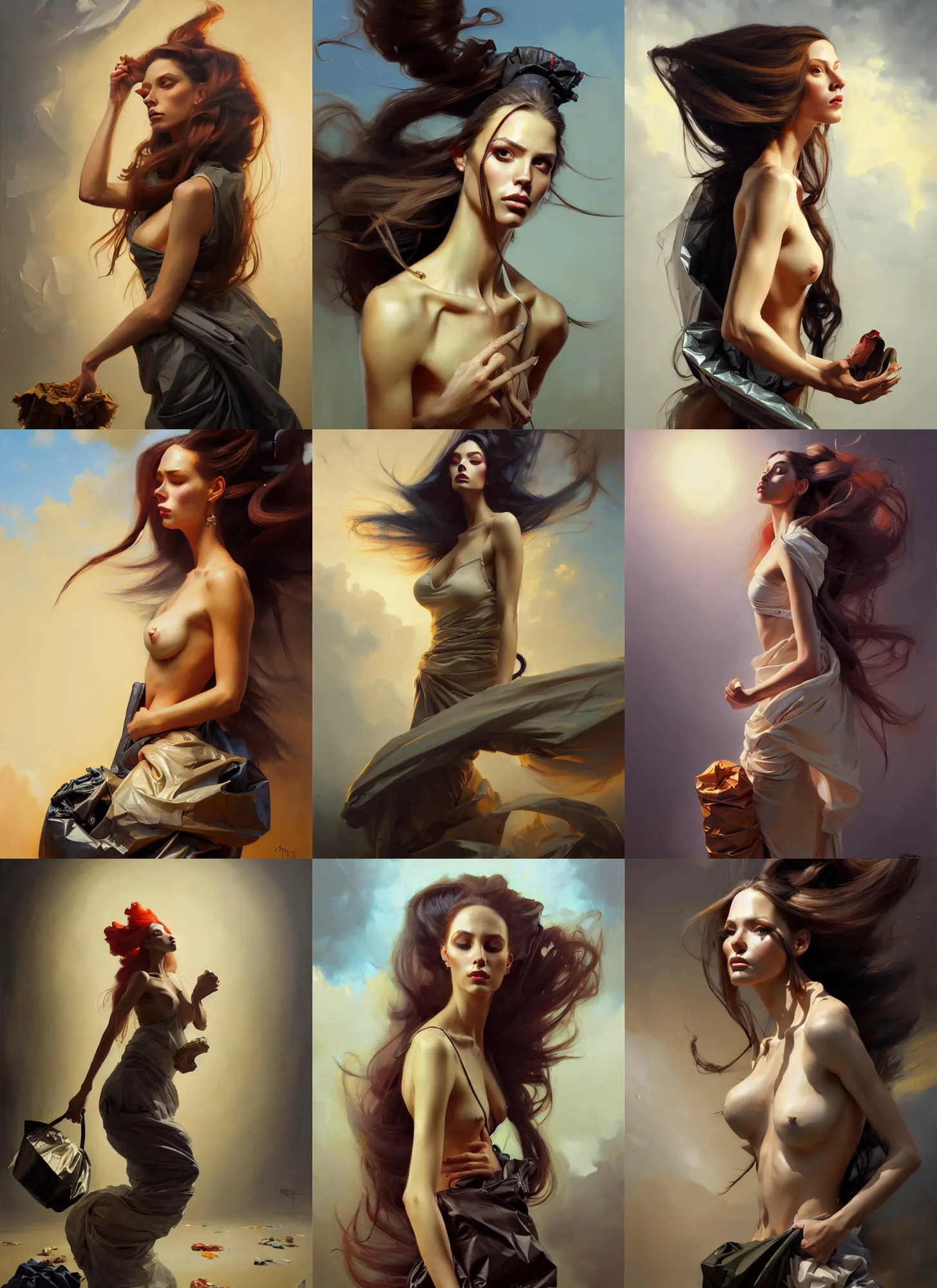 Image similar to fine art portrait oil painting of a beautiful woman with long hair wearing a garbage bag for clothes, perspective, ultra detailed, elegant, intricate, dynamic lighting, hyperrealism, sharp focus, art by peter mohrbacher and greg manchess and andrei riabovitchev