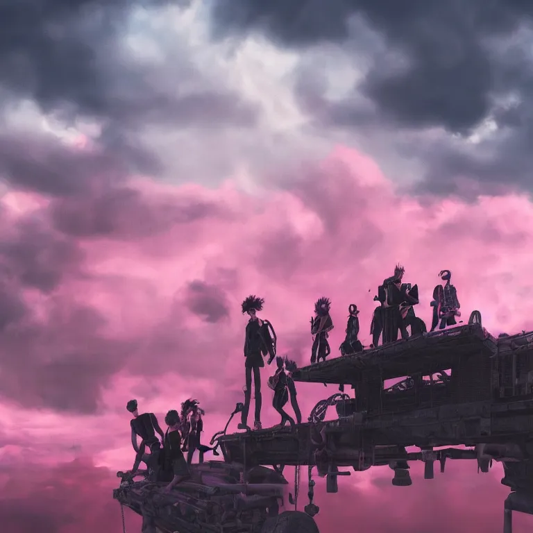 Image similar to oil painting, punk, punk back, pink, people with mohawks, neon, ultra detailed, contrast, heaven pink, clouds, sky, volumetric light, atmospheric lighting, dramatic, cinematic, steampunk, moody, octane render 4 k, 8 k