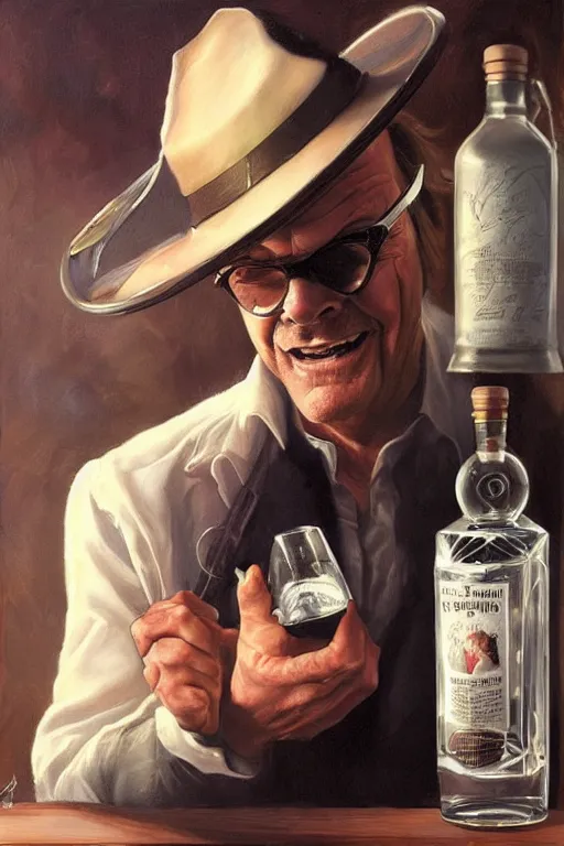 Image similar to a message in a bottle but instead of a ship it is a young jack nicholson in the bottle, jack nicholson, fancy whiskey bottle, masterpiece painting by artgerm and tom bagshaw