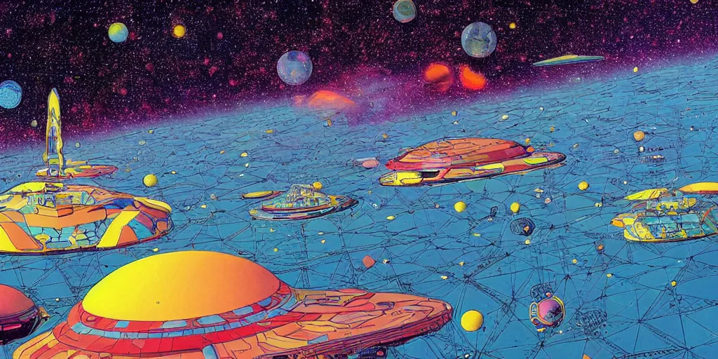 Prompt: colourful illustration of a floating space settlement. thousands of stars in the background. art by moebius. science fiction art. detailed digital painting.