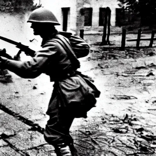 Image similar to an award winning photo of a discord moderator fighting in world war 2, fat discord moderator meme, ( ( leica iiia ) ), 4 k, high quality, black and white