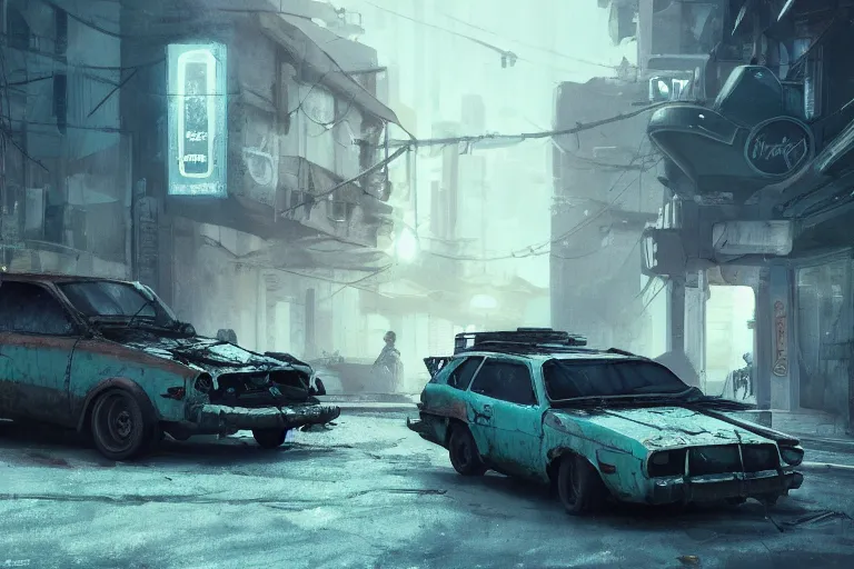 Prompt: a rusted Ford Pinto wagon in the streets at night white cyan headlights on, by Khyzyl Saleem, night time, Cloudy weather, atmospheric, artstation, concept art, illustration, sharp focus, high detail, octane render, cyberpunk, intimidating