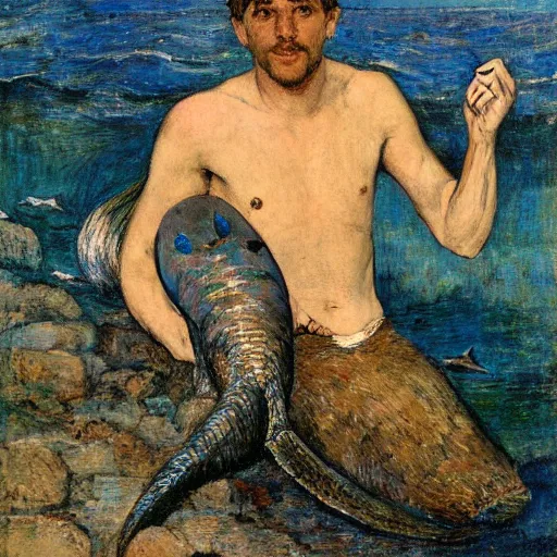 Image similar to male merlock holmes mermaid with a big mermaid tail sitting at the bottom of the sea under water in the style of jules bastien - lepage