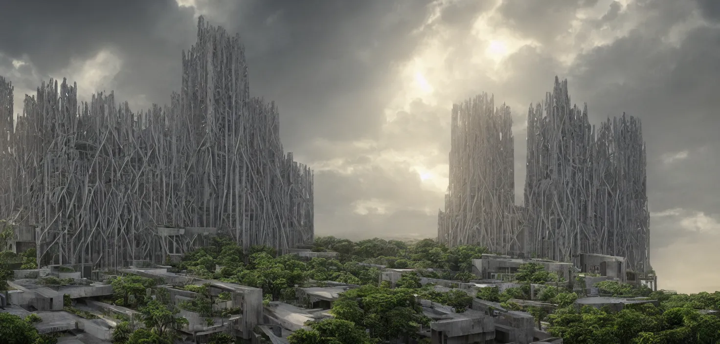 Image similar to an extremely detailed cathedral of brutalist architecture, surrounded by lush green vegetation, stunning volumetric lighting, sunset, metal, concrete, translucent material, stunning skies, 8k, photorealistic, hyper detailed, unreal engine 5, IMAX quality, cinematic, epic lighting, digital painting in the style of DOOM and Quake, by Greg Rutkowski, trending on Artstation