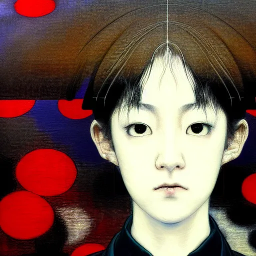 Image similar to yoshitaka amano blurred and dreamy realistic three quarter angle portrait of a young woman with short hair and black eyes wearing office suit with tie, junji ito abstract patterns in the background, satoshi kon anime, noisy film grain effect, highly detailed, renaissance oil painting, weird portrait angle, blurred lost edges