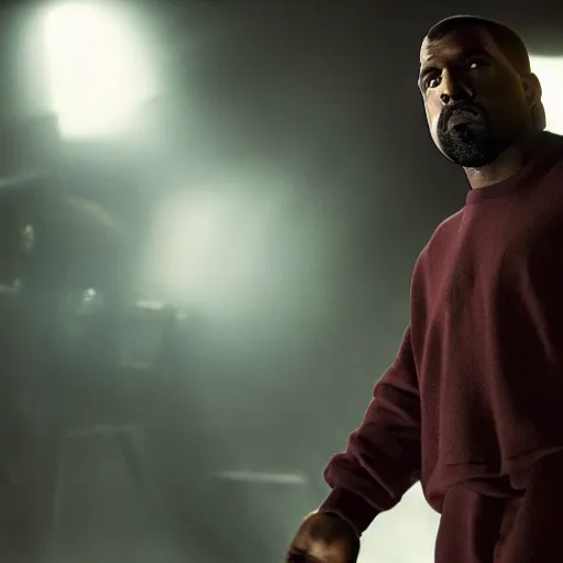 Image similar to Movie still of Kanye West as the Punisher, splash art, movie still, cinematic lighting, dramatic, octane render, long lens, shallow depth of field, bokeh, anamorphic lens flare, 8k, hyper detailed, 35mm film grain