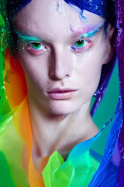 Prompt: Beautiful Jacques Bodin Fashion photography extreme closeup portrait of feminine ballet dancer half submerged in heavy nighttime paris floods, water to waste, wearing a translucent refracting rainbow diffusion wet plastic zaha hadid designed specular highlights raincoat, épaule devant pose;blue hair;green eyes;wlop anime face;petite; by Nabbteeri, épaule devant pose, ultra realistic, Kodak , 4K, 75mm lens, three point perspective, chiaroscuro, highly detailed, by moma, by Nabbteeri