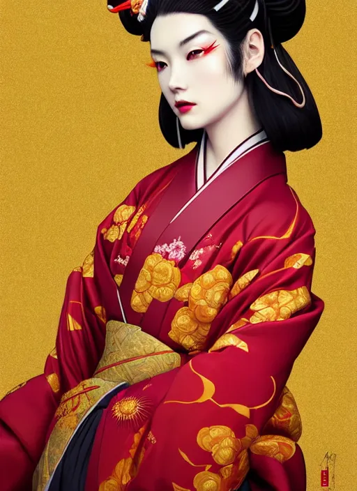 Image similar to dreamlike luxury stunning oiran portrait, red and gold kimono, art by artgerm, wlop, loish, ilya kuvshinov, 8 k realistic, hyperdetailed, beautiful lighting, detailed background, depth of field, symmetrical face, frostbite 3 engine, cryengine,