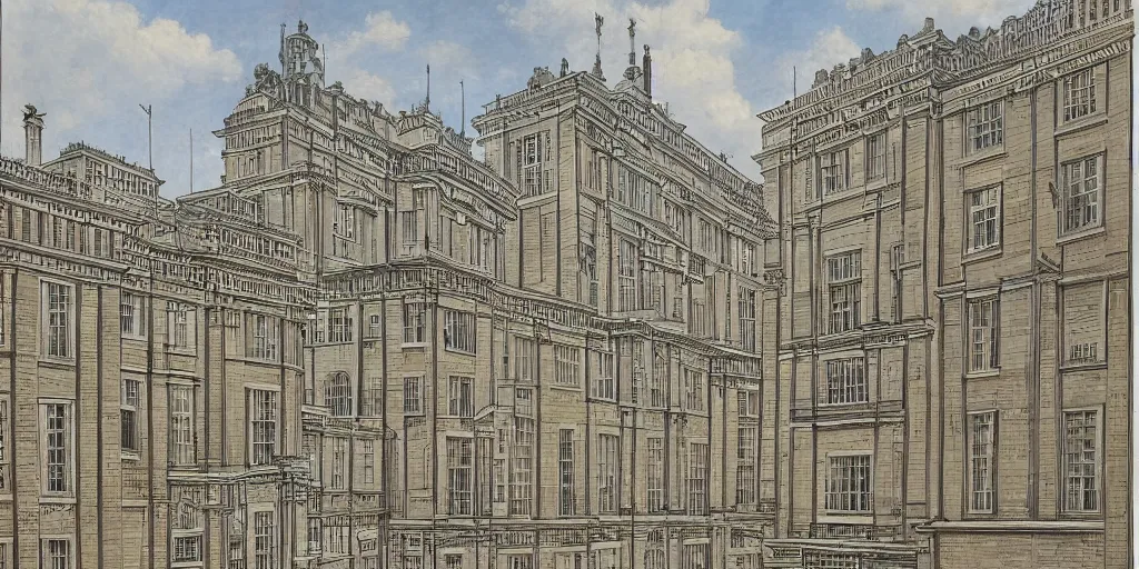 Prompt: grid city from street level built in exclusively neo - classical style artist drawn 1 9 th century