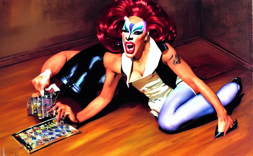 Image similar to drag queen licks the powder, lies on the parquet by john berkey in comic style