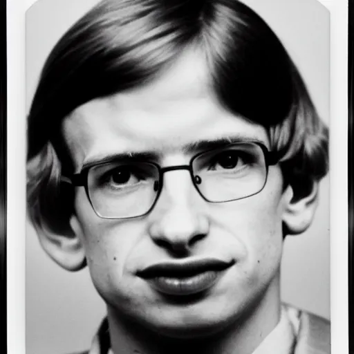 Image similar to Mugshot Portrait of Young Stephen Hawking, taken in the 1970s, photo taken on a 1970s polaroid camera, grainy, real life, hyperrealistic, ultra realistic, realistic, highly detailed, epic, HD quality, 8k resolution, body and headshot, film still, front facing, front view, headshot and bodyshot, detailed face, very detailed face