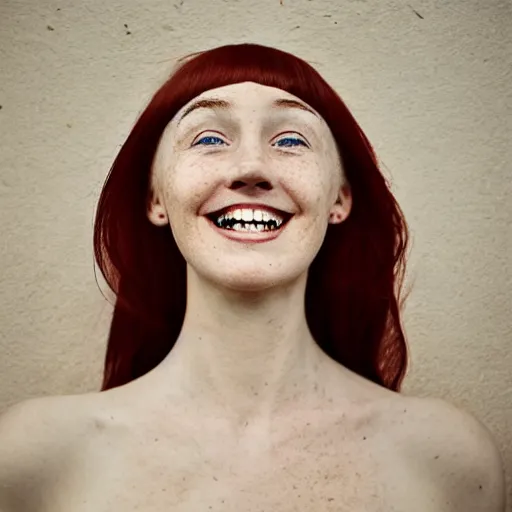 Prompt: A Swiss French Red Haired Girl With small amount of Freckles and a happy smile :: Symmetrical Portrait