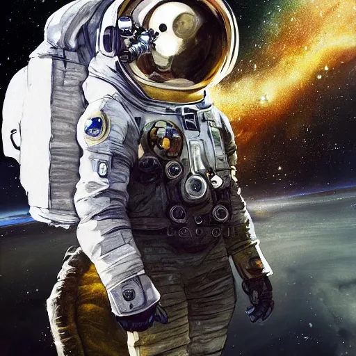 Prompt: highly detailed portrait of a les dennis astronaut, by Dustin Nguyen, Akihiko Yoshida, Greg Tocchini, Greg Rutkowski, Cliff Chiang, 4k resolution, nier:automata inspired, bravely default inspired, vibrant but dreary gold, silver, opal, black and white color scheme!!! ((Space nebula background))