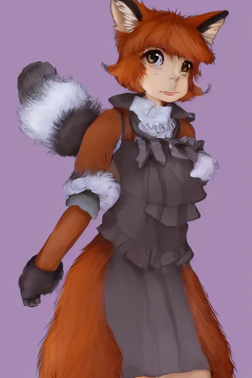 Image similar to a fox fursona!!! with a fluffy tail!!! wearing a maid outfit, highly detailed, digital art, trending on artstation, furry art!!!