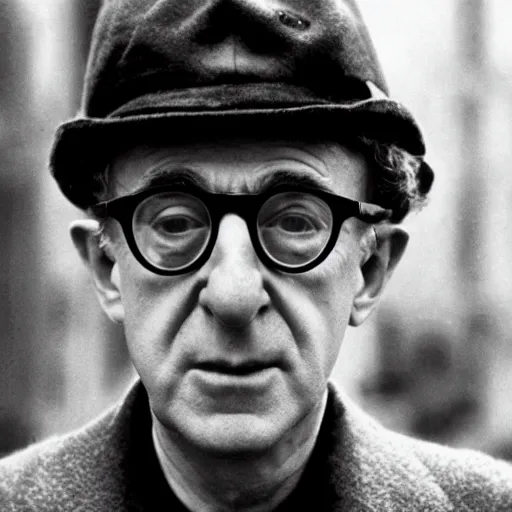 Prompt: movie still of woody allen in a ww 2 movie, cinematic, dramatic lighting
