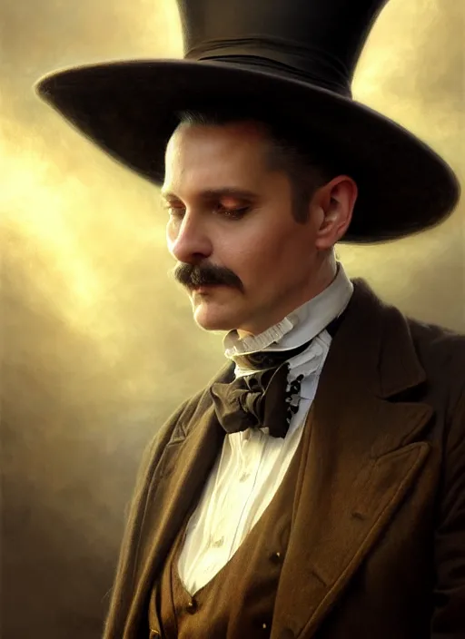 Image similar to closeup portrait shot of a victorian magician in a scenic mystery environment, intricate, elegant, highly detailed, centered, digital painting, artstation, concept art, smooth, sharp focus, illustration, artgerm, tomasz alen kopera, peter mohrbacher, donato giancola, joseph christian leyendecker, wlop, boris vallejo