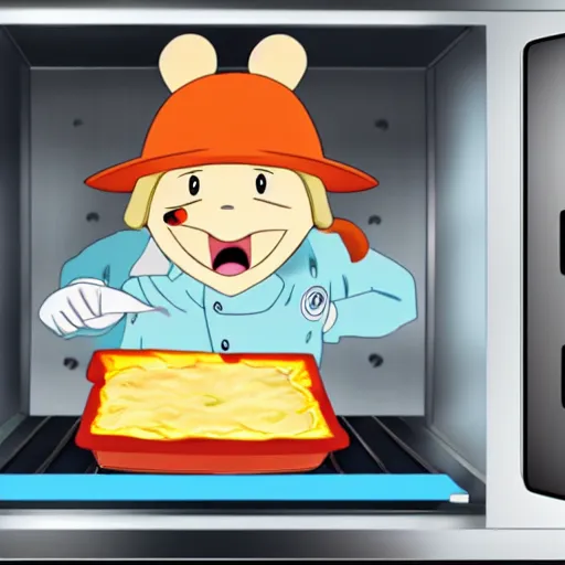 Prompt: anime cute platypus on a kitchen wearing a chef hat and holding a lasagna into an oven, anime style