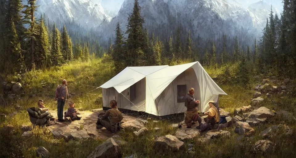 Image similar to cabela's beautiful comfortable carbon framed, military grade, modular insulated wall portable container home kit - house all weather family dwelling tent house, person in foreground, mountainous forested wilderness open fields, beautiful views, painterly concept art, environmental concept art, concept art illustration, by james gurney, by craig mullins, by greg rutkowski trending on artstation