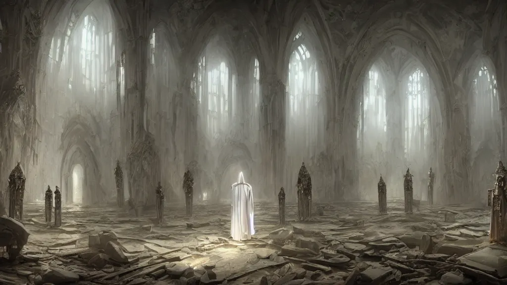 Image similar to a surreal dreamlike scene of robot priests in white robes standing in an abandoned sanctuary, sharp focus, extravagant matte painting, highly detailed oil painting, 8k, devastatingly beautiful atmosphere, elegant cinematic fantasy art, overwhelming depth and detail, soft colors, masterpiece