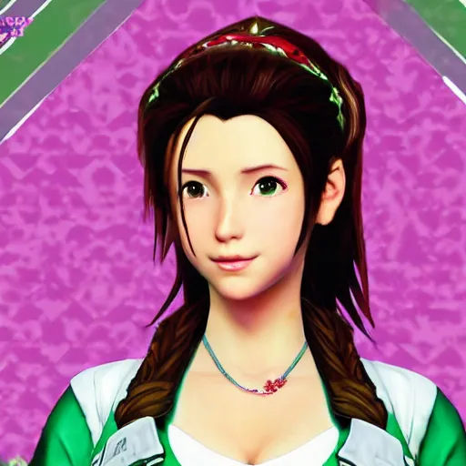 Prompt: mid-close portrait of Aerith Gainsborough in the style of GTA-5 loading screen art