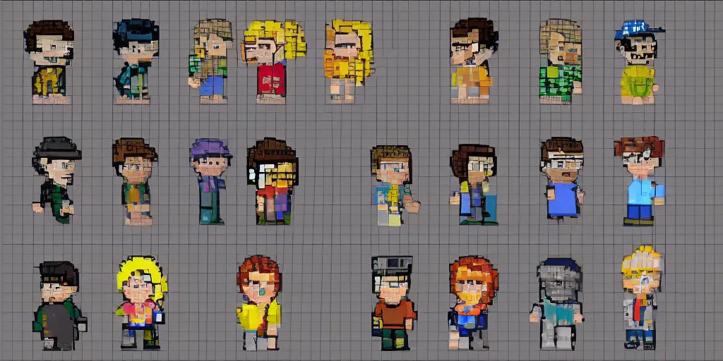 Image similar to character sheet of ross from the show friends, pixel art