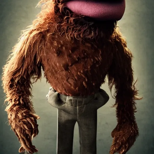 Image similar to a still of a forgotten muppet character looking very manly and modern, hilarious, laughing, hairy chest, huge chin, manly monster tough guy, roughled fur, photo real, photographic, photograph, artstation, trending, featured