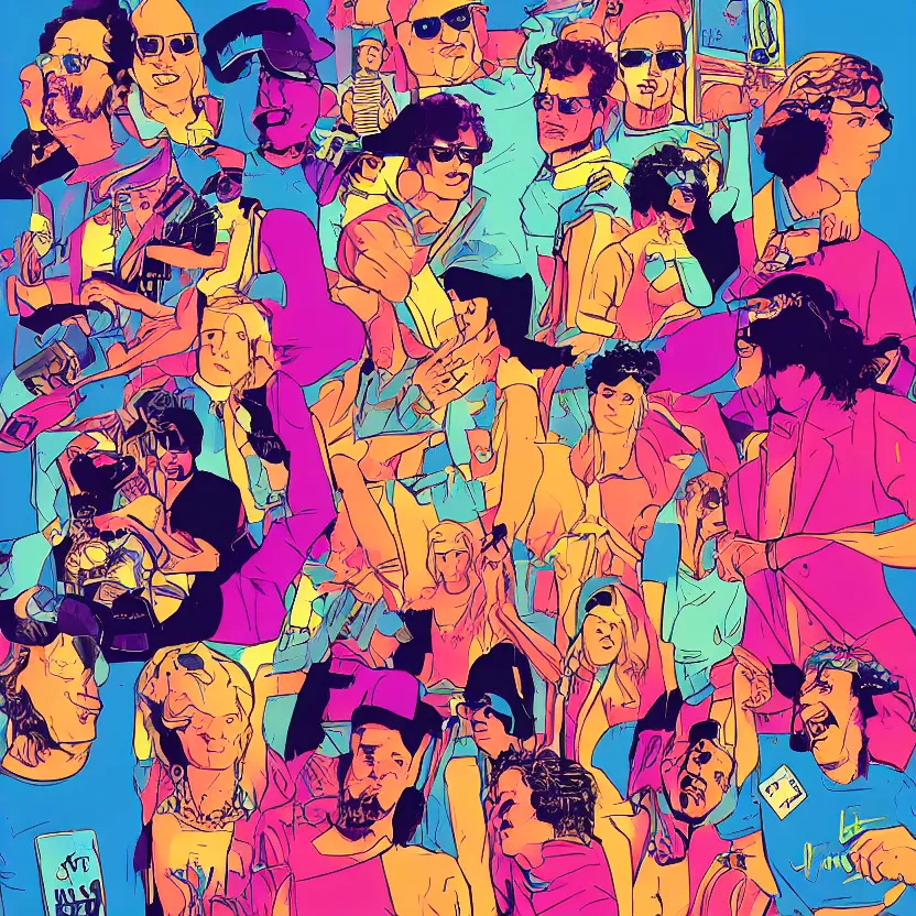 Image similar to life in the 80s, digital art in the style of Mad Dog Jones