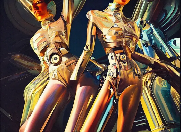 Prompt: feminine cyborg, full body, high fashion, futurism, aerodynamic, flowing, intricate, slick, highly detailed, digital painting, vogue, concept art, smooth, sharp focus, hd, art by syd mead and john berkey and annie leibovitz