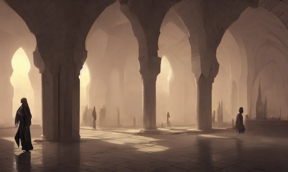 Prompt: Futuristic matte painting of inside a Mosque, volumetric light scattering, highly detailed, digital art, Andreas Rocha, Greg Rutkowski, Darek Zabrocki, ArtStation, CGSociety, Unreal Engine, 4K, 8K