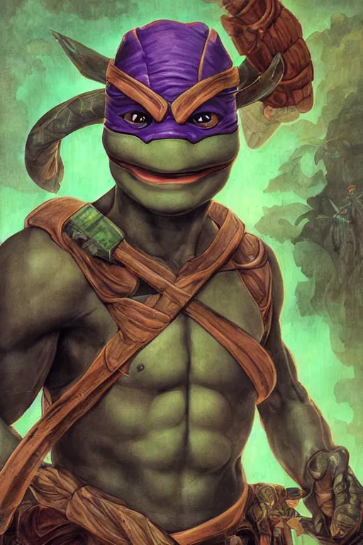 Image similar to a stunning portrait of ninja turtle Donatello by Evelyn De Morgan and Ross Tran, rossdraws, fresco