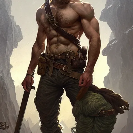 Image similar to rugged male ranger, handsome, D&D, upper body, muscular, hairy torso, fantasy, intricate, elegant, highly detailed, digital painting, artstation, concept art, smooth, sharp focus, illustration, art by artgerm and greg rutkowski and alphonse mucha