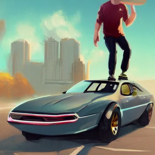 Prompt: a man holding a skateboard standing in front of a car, concept art, featured on cgsociety, retrofuturism, outrun
