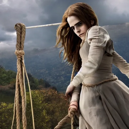 Image similar to emma watson, full body and face, head to toe showing in the photo, hands tied with a metal pole via rope, damsels in distress, 4 k, hyperrealistic