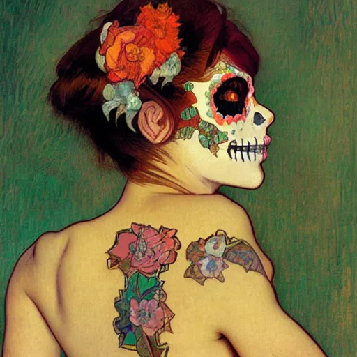 Image similar to realistic detailed painting of a cute punk Día de los Muertos girl by Henri de Toulouse-Lautrec Alphonse Mucha Egon Schiele Ayami Kojima Amano Charlie Bowater, masterpiece