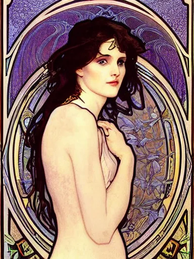 Image similar to a beautiful painting of young winona ryder by Alphonse Mucha and by Mark Brooks and by john william waterhouse and by arthur rackham, Art Nouveau, Neo-Gothic, gothic, award winning painting, hyperdetailed, detailed