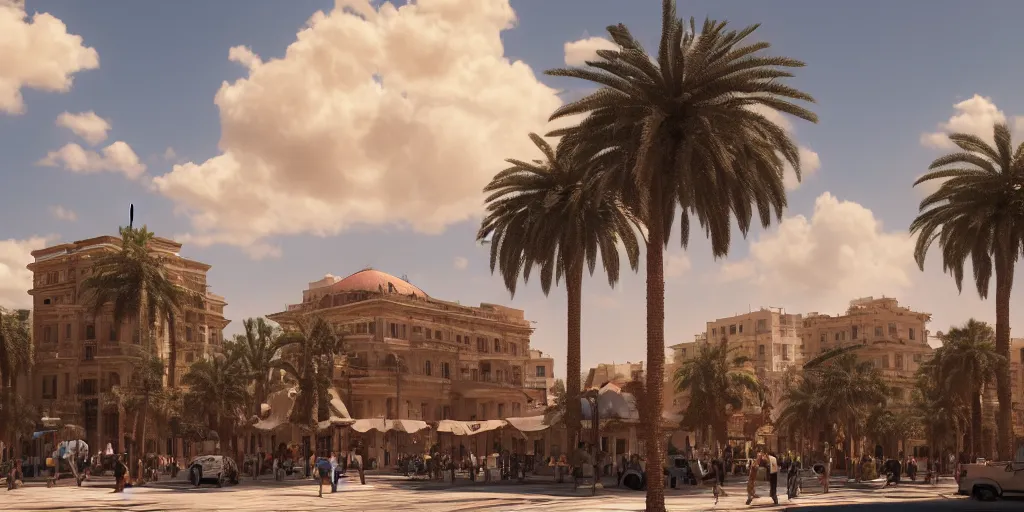 Prompt: khedival opera house, talaat Harb Square cairo, epic wide shot, beautiful clouds, concept art by pixar, dappled afternoon sunlight, acacia trees, date palm trees, shrubs, flowers, 4k, fujifilm, octane render, artstation