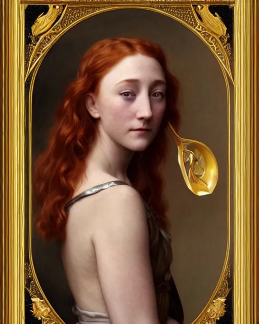 Prompt: realistic art nouveau oil painting of redheaded young saoirse ronan or redheaded millie bobby brown wearing a reflective gold dress, highly detailed, intricate, elegant, digital painting, smooth, sharp focus, illustration, ultra realistic, 8 k, by bouguereau, alphonse mucha, artgerm, and donato giancola