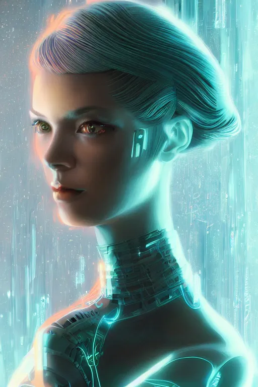 Image similar to portrait of female humanoid from 6 0 s era, intricate, elegant, cyber neon lights, highly detailed, digital painting, artstation, glamor pose, concept art, smooth, sharp focus illustration, art by artgerm and greg rutkowski