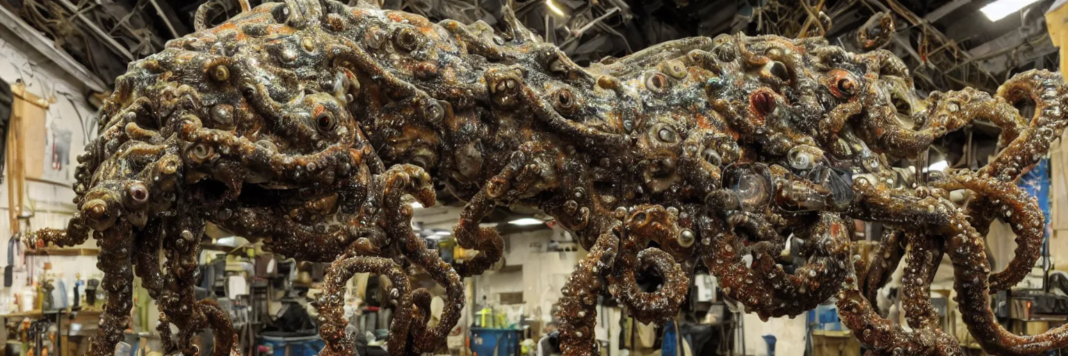 Image similar to low wide angle photo taken of an epic intricate, ultra detailed, super realistic gritty, hero prop, exquisitely painted animatronic movie prop of a wet slimy grotesque nightmarish hellish mutant cephalopod creature displayed in the workshop, created by weta workshop, full body shot, photorealistic, sharp focus