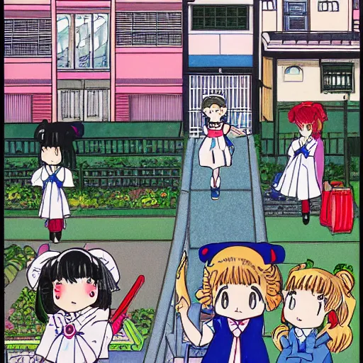 Image similar to a neighborhood in japan in the style of a Naoko Takeuchi manga